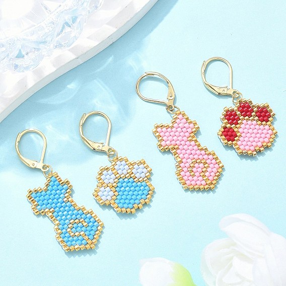 304 женские серьги с рычагом из нержавеющей стали, с подвесками из плетеного стекла в форме кошки и с отпечатками лап, слева и справа, золотые