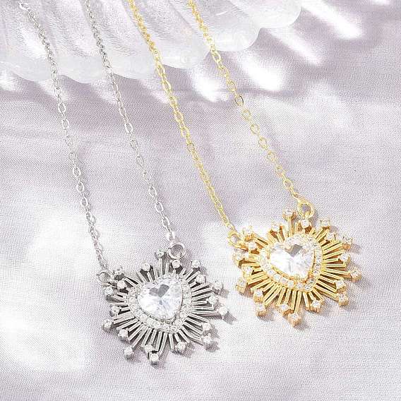 Colliers pendentifs en laiton pavé de zirconiums cubiques transparents et en verre en forme de cœur, sans cadmium et sans plomb, crémaillère plaquage, plaqué longue durée