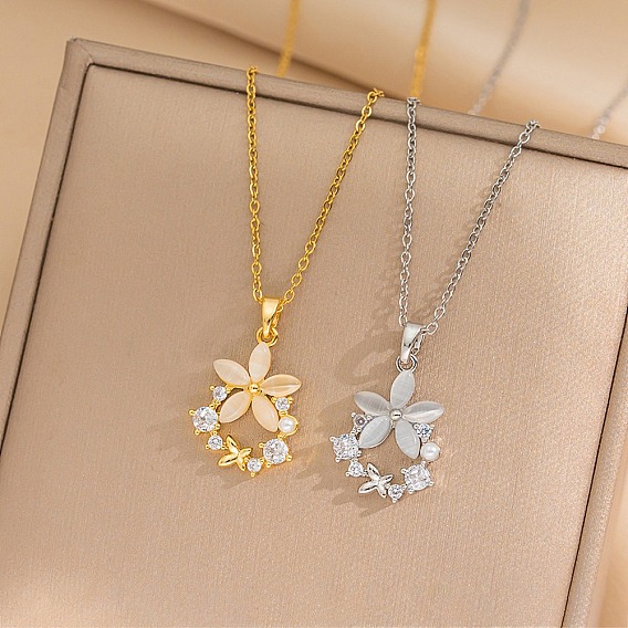 Ожерелья с подвесками из цветочной смолы и микропаве из кубических цирконий, 304 ожерелья из нержавеющей стали для женщин