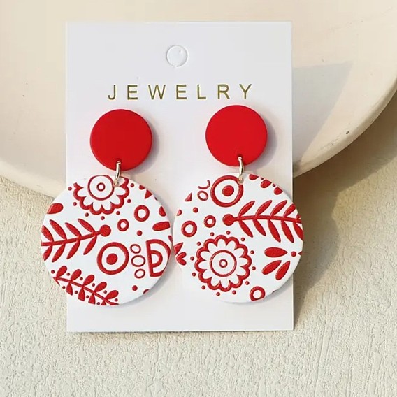 Акриловые болтаться серьги стержня, плоские круглые с рисунком