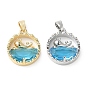 Brass Micro Pave Deep Sky Blue Cubic Zirconia Pendants, Long-Lasting Plated, Flat Round with Whale Charms