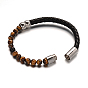 Leather Cord Bracelets, with Tiger Eye Beads & 304 Stainless Steel Magnetic Clasps, 51x63mm