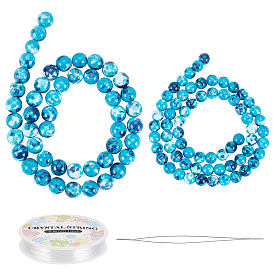 SUPERFINDINGS 114Pcs Synthetic Ocean White Jade Beads DIY Stretch Bracelets Making Kits, with 1Pc Big Eye Beading Needles and 1roll Elastic Thread