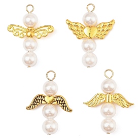 Shell Pearl Pendants, Angel Charms with Golden Tone Alloy Wings