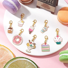 8Pcs Dessert Alloy Enamel Pendant Decorations, with Zinc Alloy Lobster Claw Clasps, Golden