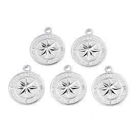 304 Stainless Steel Pendants, Flat Round with Compass