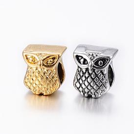 304 Stainless Steel European Beads, Large Hole Beads, Owl