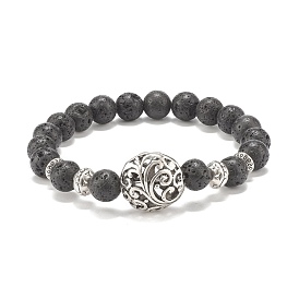 Natural Lava Rock Stretch Bracelet with Alloy Leaf Beads, Essential Oil Gemstone Jewelry for Women