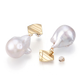 Natural Baroque Keshi Pearl Dangle Stud Earrings, Brass Twist Rhombus
 Earrings with 925 Sterling Silver Pins, Cadmium Free & Nickel Free & Lead Free