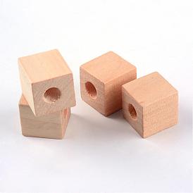 Unfinished Wood Beads, Natural Wooden Beads, Lead Free, Cube, Large Hole Beads, 19~20x19~20x20mm, Hole: 8~8.5mm
