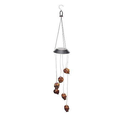 LED Solar Powered Skull Wind Chime, Waterproof, with Resin and Iron Findings, for Outdoor, Garden, Yard, Festival Decoration, Halloween Theme