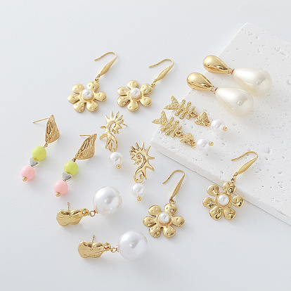 304 boucles d'oreilles pendantes en acier inoxydable pour femmes, fleur, avec perle d'imitation