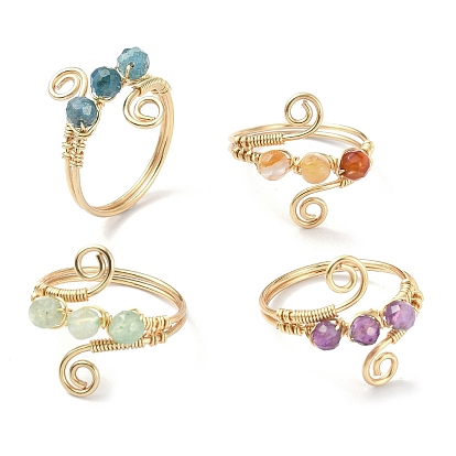 4Pcs 4 Style Natural Mixed Gemstone Round Beaded Finger Rings, Light Gold Copper Wire Wrapped Vortex Stackable Rings