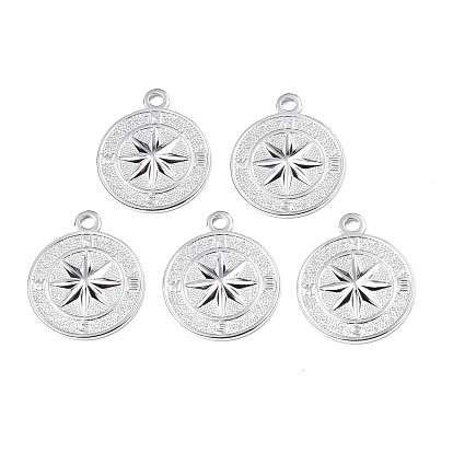 304 Stainless Steel Pendants, Flat Round with Compass