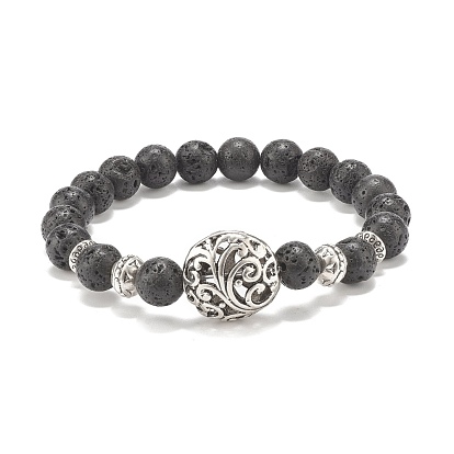 Natural Lava Rock Stretch Bracelet with Alloy Leaf Beads, Essential Oil Gemstone Jewelry for Women