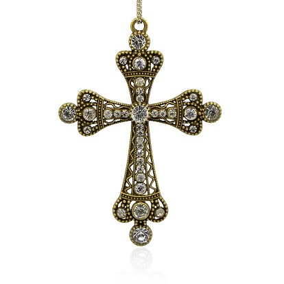 Cross Antique Bronze Alloy Rhinestone Big Pendants, 101x71x7mm, Hole: 4mm