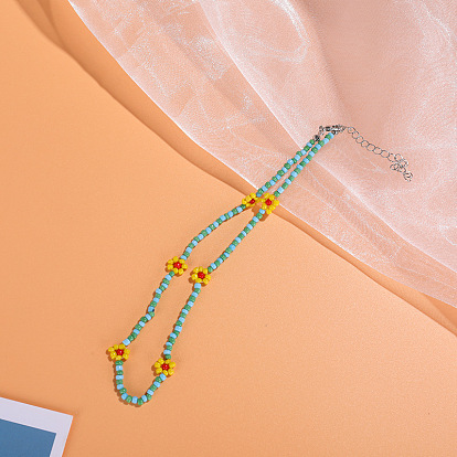 Colorful Rice Bead Necklace with Daisy Flowers for Women