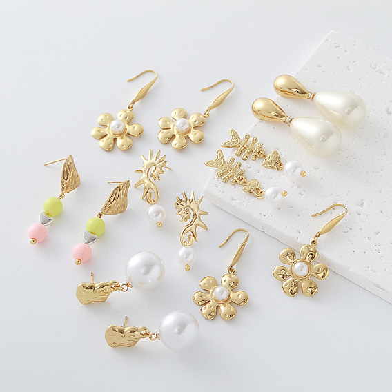 304 Stainless Steel Dangle Earrings for Women, Flower, with Imitation Pearl