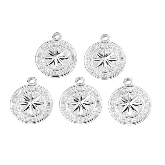 304 Stainless Steel Pendants, Flat Round with Compass