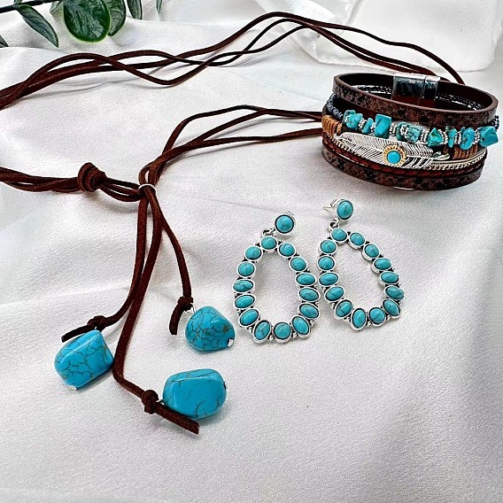 Ожерелья с подвесками из сплава и синтетической бирюзы, серьги-гвоздики в форме капли и многослойные браслеты с перьями