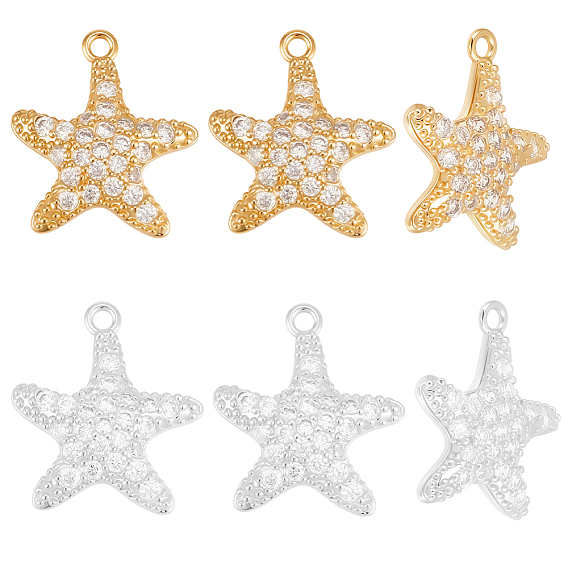 10 шт 2 цвета кулоны из латуни, микропаве, циркония, прелести морская звезда, без кадмия и без свинца, долговечный, стойки покрытие