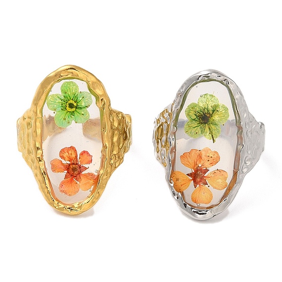 Овальные манжеты из эпоксидной смолы с сухоцветами, 316 кольцо на палец из хирургической нержавеющей стали