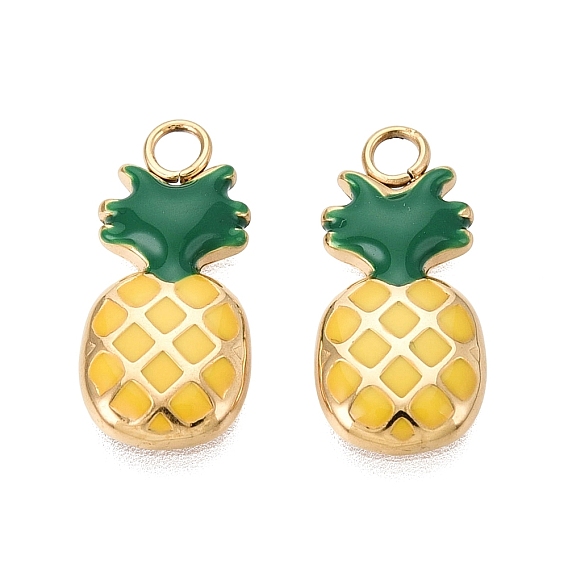 304 Stainless Steel Enamel Pendants, Pineapple Charms, Ion Plating(IP), Long-Lasting Plated, Golden