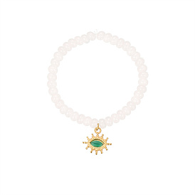 Bracelets de perles de jade blanc naturel, avec pendentifs œil en acier inoxydable