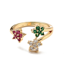 Colorful Cubic Zirconia Flower Open Cuff Ring, Rack Plating Brass Jewelry for Women, Cadmium Free & Lead Free