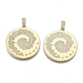 Brass Micro Pave Clear Cubic Zirconia Pendants, with Brass Snap on Bails, Nickel Free, Flat Round