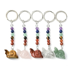 Snail Natural Gemstone Keychain, with 7 Chakra Beads and Iron Key Rings, for Women Men Hanging Car Bag Charms