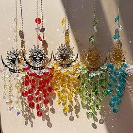 Hexagon Glass Tassel Suncatchers, Sun & Moon Hanging Ornaments, Rainbow Maker, for Garden & Home Decoration