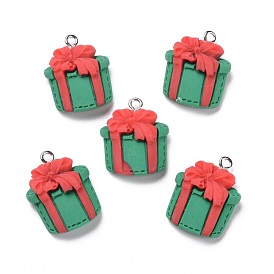 Christmas Opaque Resin Pendants, with Platinum Tone Iron Loops, Gift Box Shape