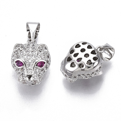 Brass Micro Pave Cubic Zirconia Charms, Nickel Free, Leopard Head, Clear