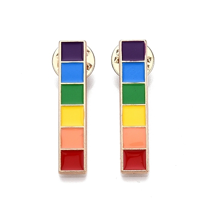 Alloy Brooches, Enamel Pin, with Butterfly Clutches, Rainbow Rectangle, Light Gold
