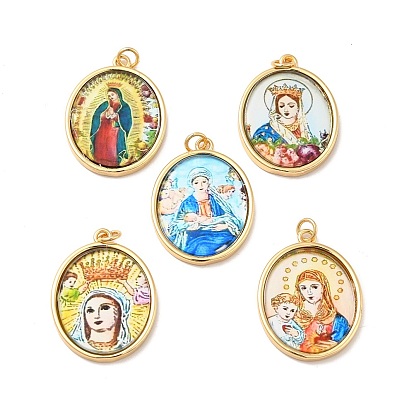 Glass Pendants, with Jump Ring and Brass Findings, Oval with Virgin Mary