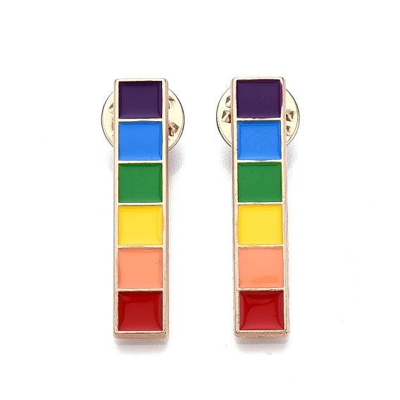 Alloy Brooches, Enamel Pin, with Butterfly Clutches, Rainbow Rectangle, Light Gold