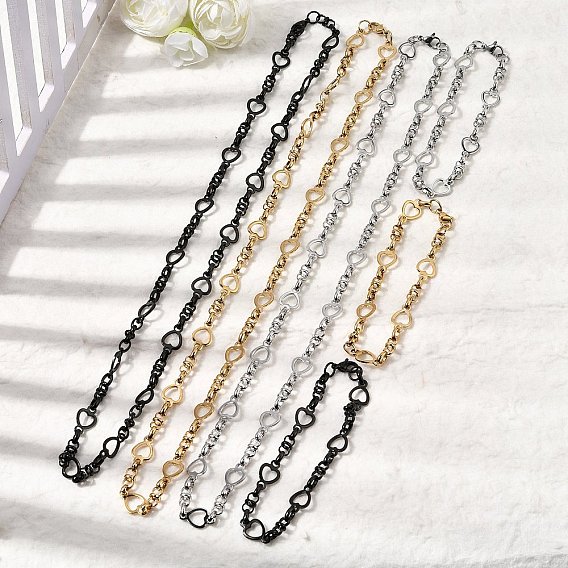 304 Набор украшений из браслета и ожерелья из нержавеющей стали с цепочкой в форме сердца, с карабин-лобстерами 