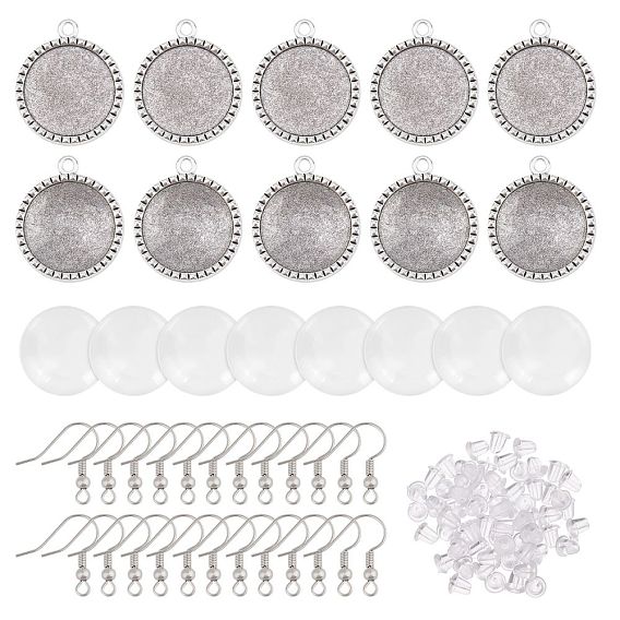 DIY 25 Pair Half Round Earring Making Kits, Including Alloy Pendant Cabochon Settings, Brass Earring Hooks and Dome Transparent Glass Cabochons