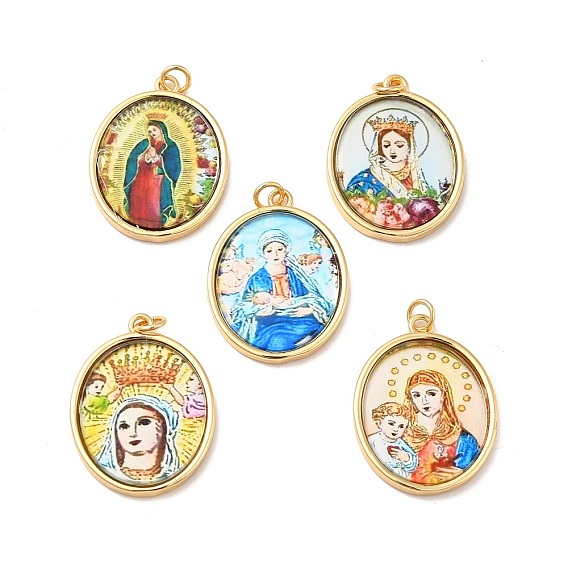 Glass Pendants, with Jump Ring and Brass Findings, Oval with Virgin Mary