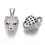 Brass Micro Pave Cubic Zirconia Charms, Nickel Free, Leopard Head, Clear