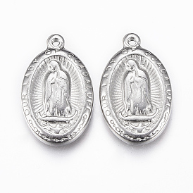 Stainless Steel Medal Pendants, Oval with Virgin Mary/Our Lady of Guadalupe