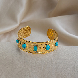 Винтажные браслеты-манжеты из нержавеющей стали с синтетической бирюзой для женщин., овал, прямоугольник и полукруг