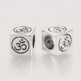 Tibetan Style Alloy European Beads, Large Hole Beads, Cube with Ohm, Cadmium Free & Lead Free