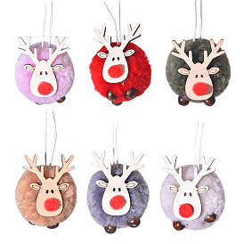 Christmas Reindeer Plush Ball & Wood Pendant Decorations, for Christmas Tree Hanging Ornaments