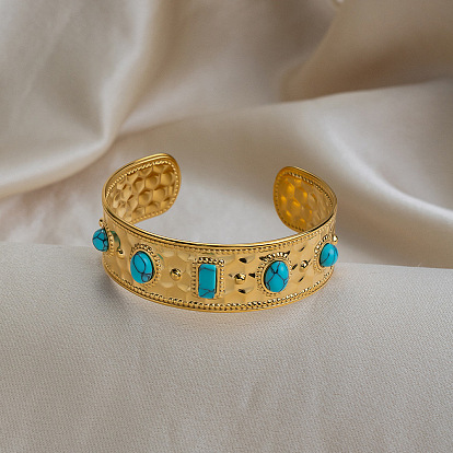 Винтажные браслеты-манжеты из нержавеющей стали с синтетической бирюзой для женщин., овал, прямоугольник и полукруг