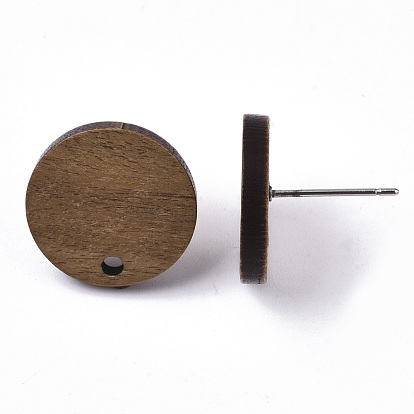 Walnut Wood Stud Earring Findings, with 304 Stainless Steel Pin, Flat Round