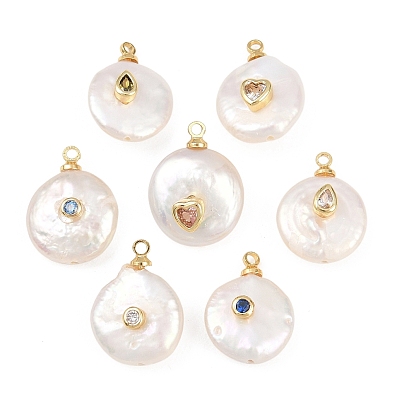 Подвески из латуни с микропаве из кубического циркония и натуральным жемчугом, плоские круглые прелести, стойки покрытие, долговечный, без кадмия и без свинца, реальный 18 k позолоченный