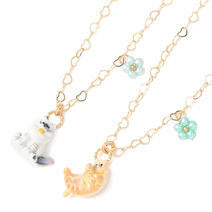304 Collares de acero inoxidable esmaltado con forma de gato adorable y colgante de flor para mujer, dorado