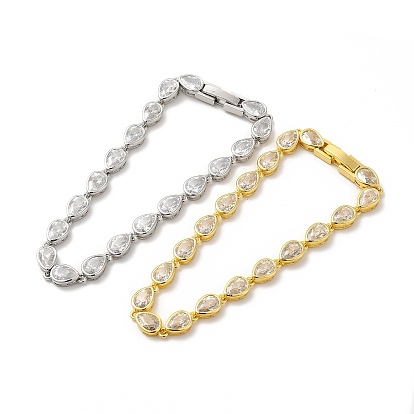Clear Cubic Zirconia Teardrop Link Chain Bracelet, Rack Plating Brass Jewelry for Women, Cadmium Free & Lead Free